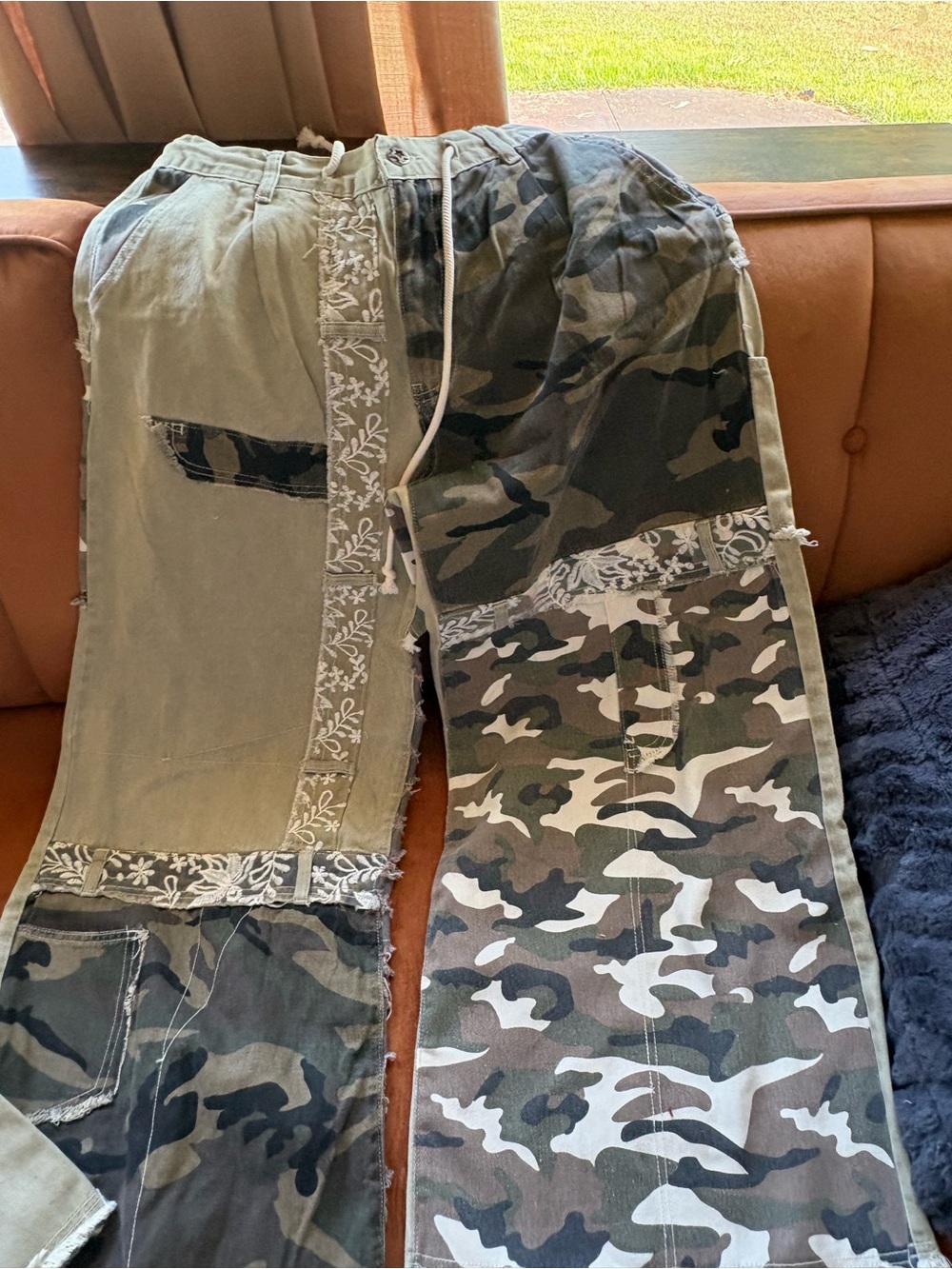 POL Women's Wide Leg Patchwork Cargo Pants - Olive & Camouflage
